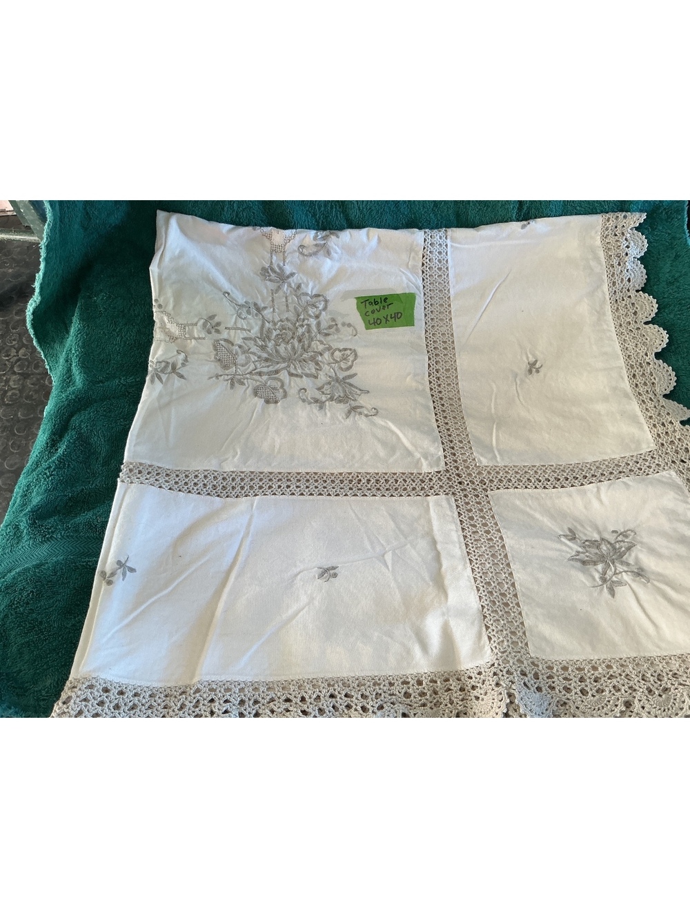 Vintage White Embroidered Table Cover with Lace Trim 40x40